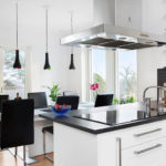 The combination of black and white in the interior of the kitchen space