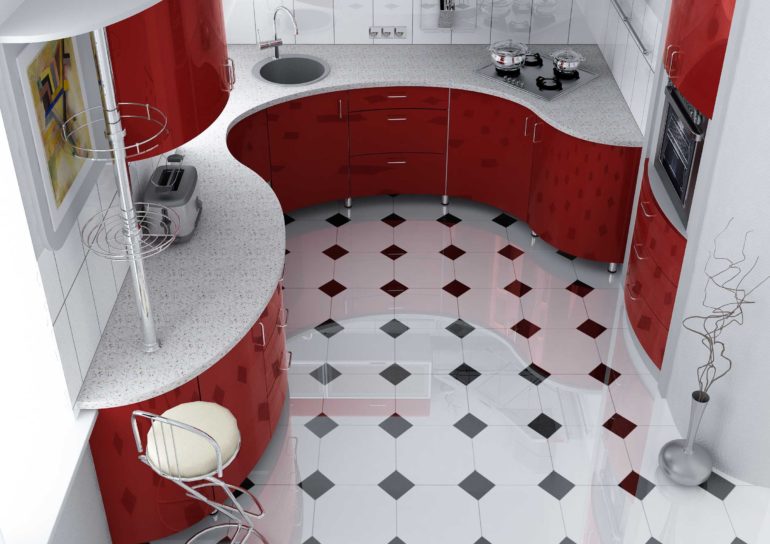 Ceramic floor with a glossy surface in the interior of the kitchen