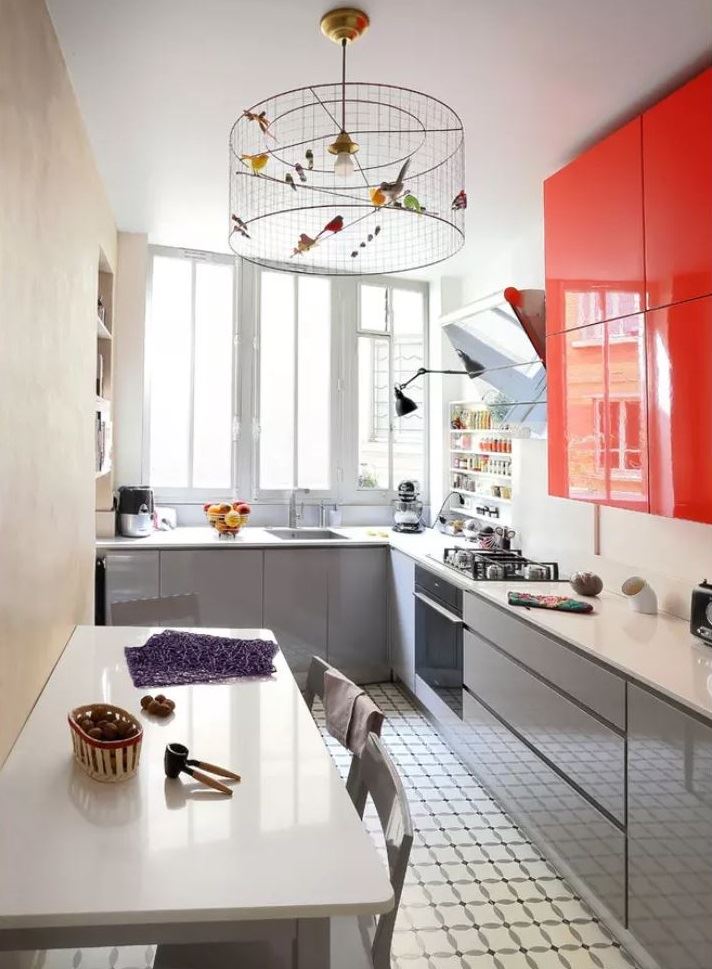 Cage chandelier with birds in the design of the kitchen 5 square meters