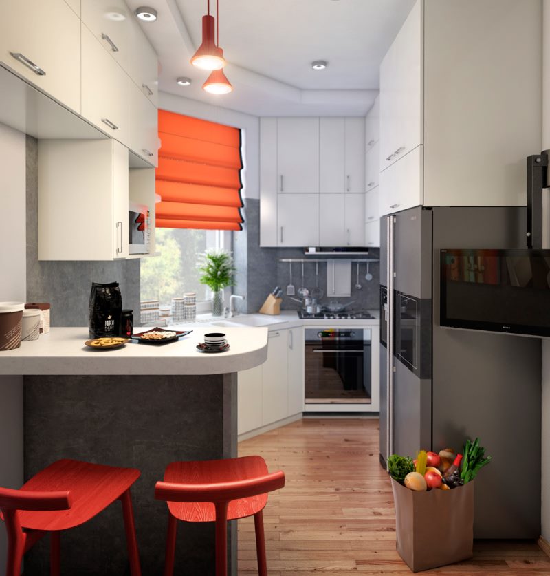Red accents in a white kitchen studio