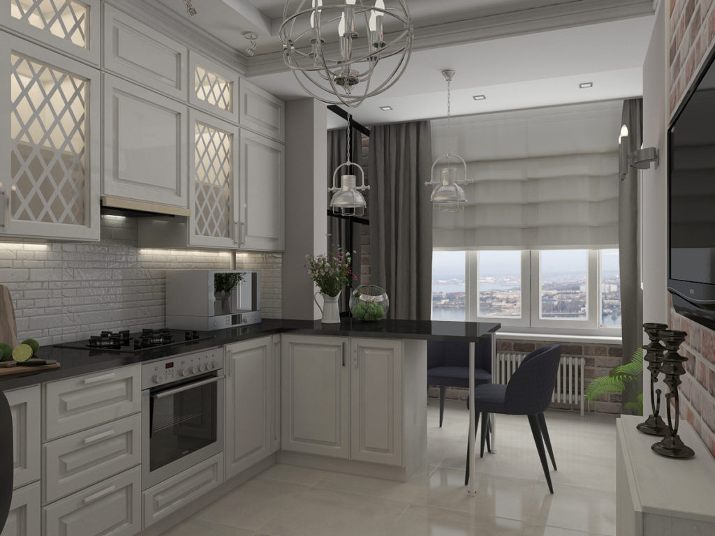 Virtuves dizains ar platību 12 kvadrātmetri pēc apvienošanas ar balkonu