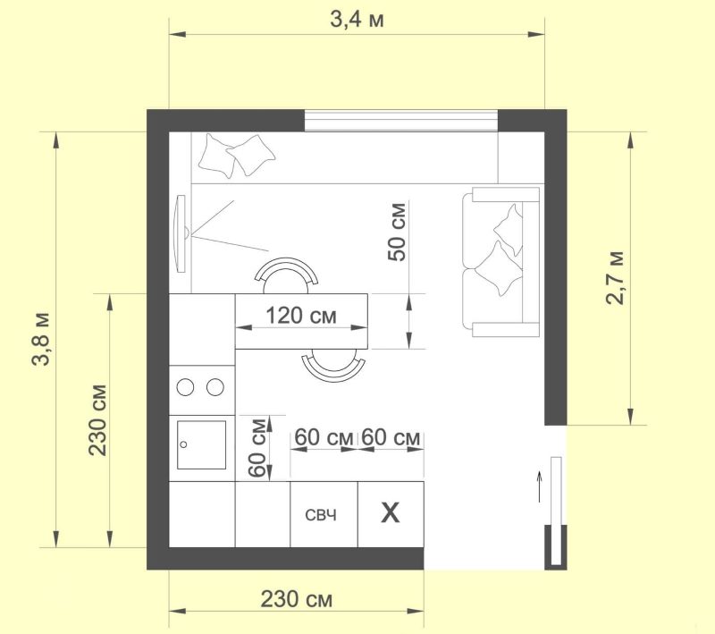 Bố trí đồ nội thất và các thiết bị trong nhà bếp với diện tích 12 mét vuông