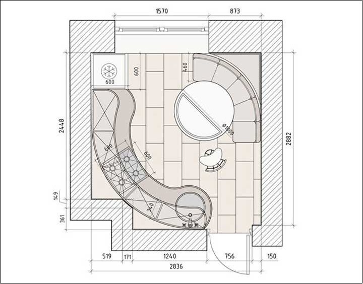 Disposition d'une cuisine carrée d'une superficie d'environ 9 mètres carrés