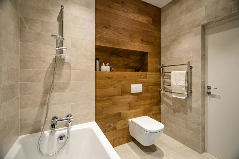 زخرفة الجدران الزائفة في الحمام مع الخشب الطبيعي