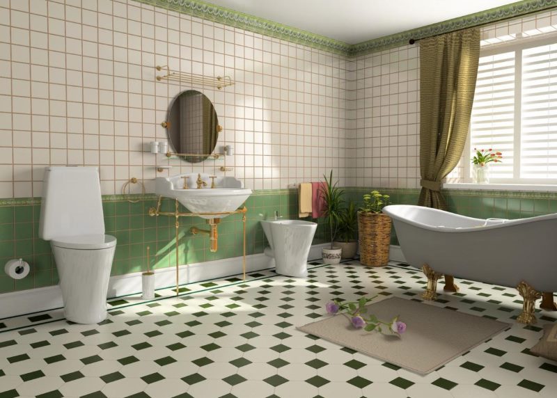 Zaļā flīze retro stila vannas istabā