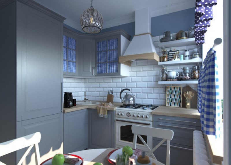 Provansas stila virtuves interjers ar pārsvaru pelēkās un zilās nokrāsās
