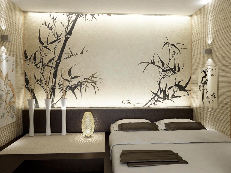 İki tip duvar kağıdı ile Japon tarzı yatak odası