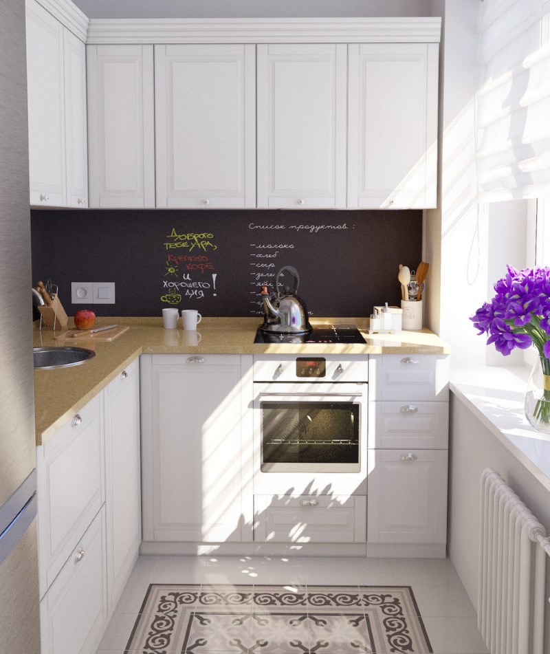 Podea ceramică în bucătărie cu un set alb