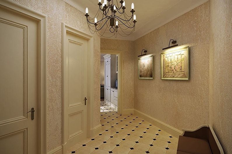 Couloir avec du papier peint textile sur les murs