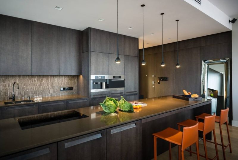 High tech kitchen interior in dark color