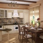 Bucătărie clasică din colț și zonă de luat masa într-o casă din lemn