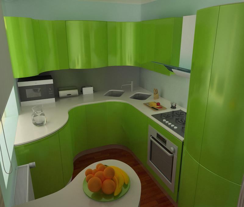Zaļās virtuves komplekts Hruščova virtuves interjerā