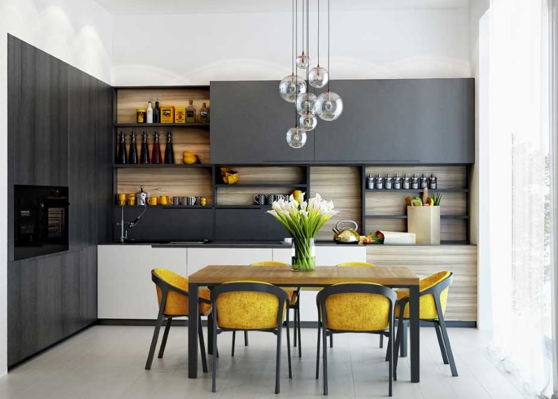 Mutfakta siyah bir set ile sarı sandalye