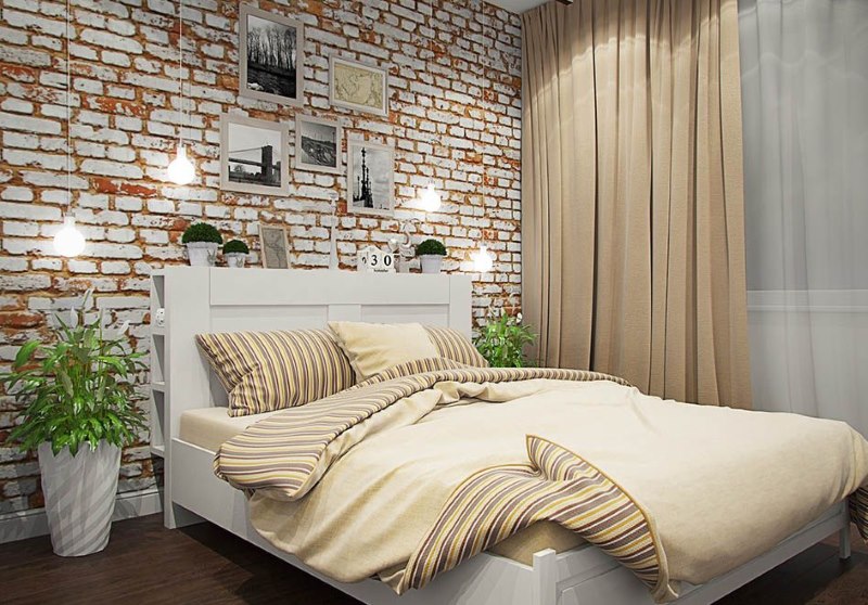 טקסטיל בצבע בז 'בחדר שינה בסגנון לופט.