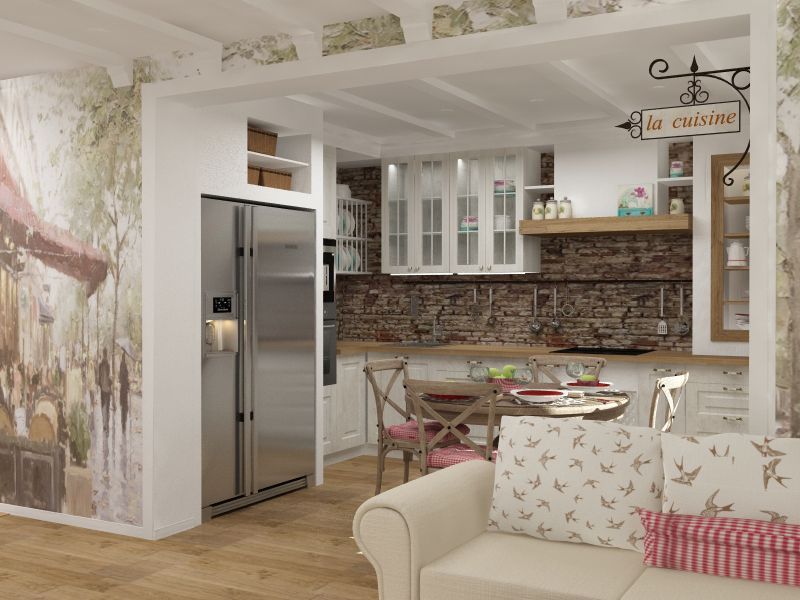 The design of the kitchen area in the style of Provence
