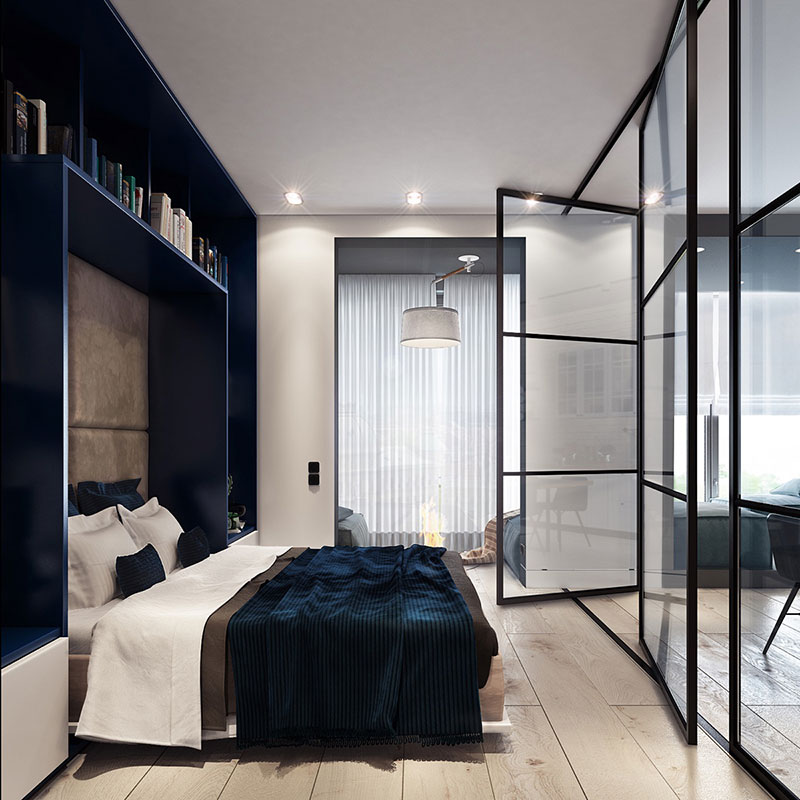 Swivel sections of the glass partition in the bedroom