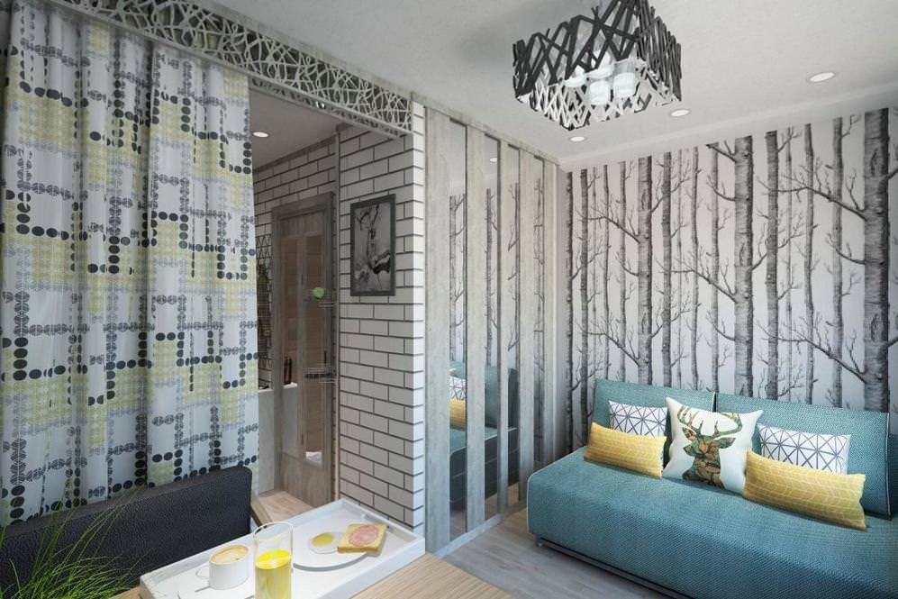 Wallpaper with trees on the wall of a small living room