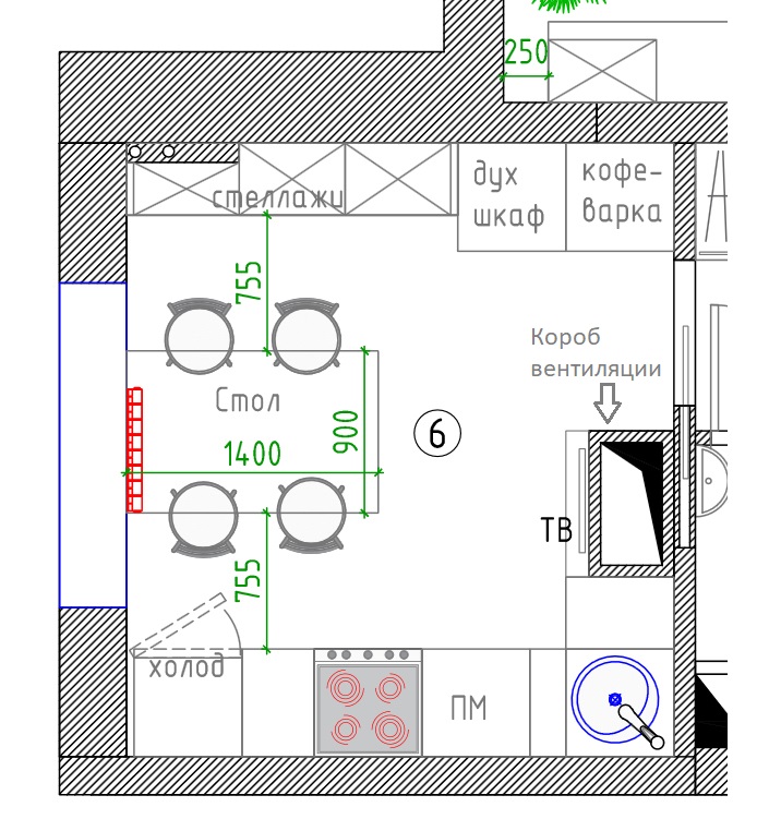 Schéma d'une cuisine avec un conduit de ventilation dans la maison d'une série P 44