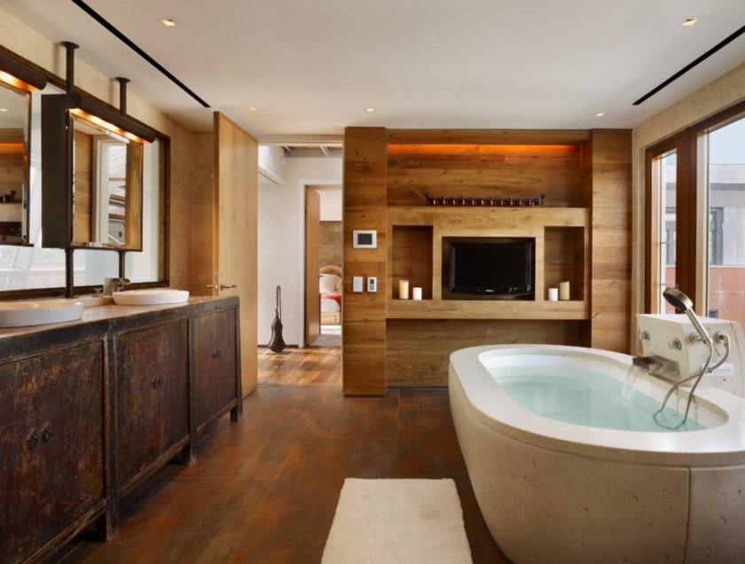 Nội thất phòng tắm công nghệ cao với ốp gỗ