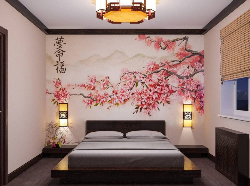 Sakura dalları bir yatak odasında duvar resmi