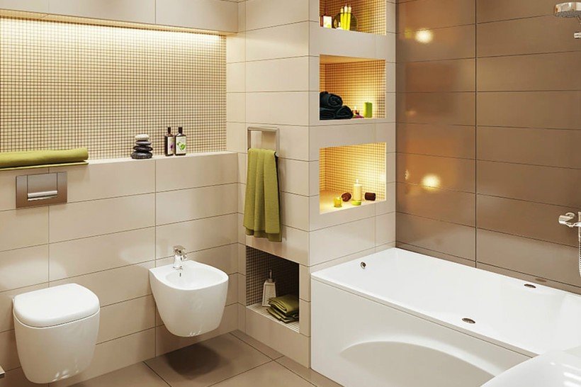 Intérieur d'une baignoire beige dans un style moderne.