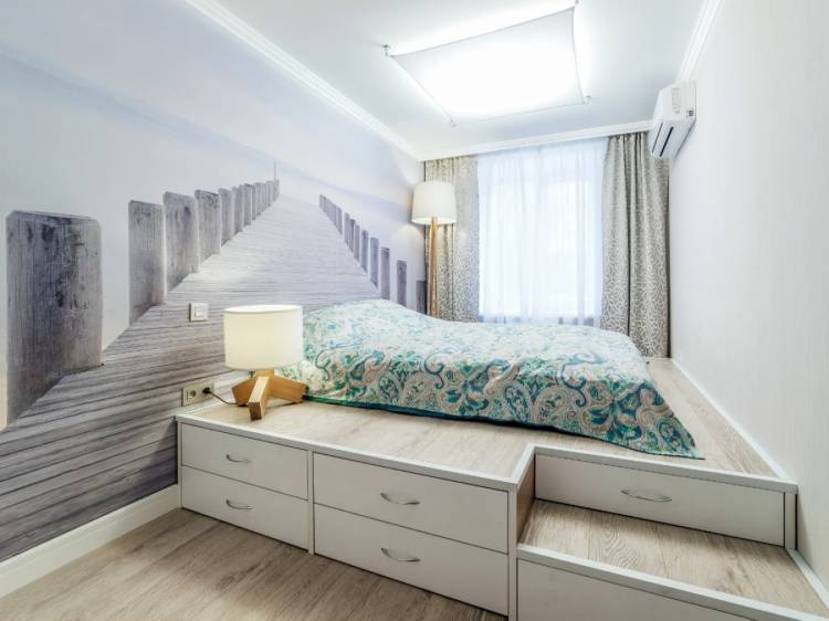 Küçük bir yatak odası tasarımı gerçekçi fotoğraf duvar kağıdı