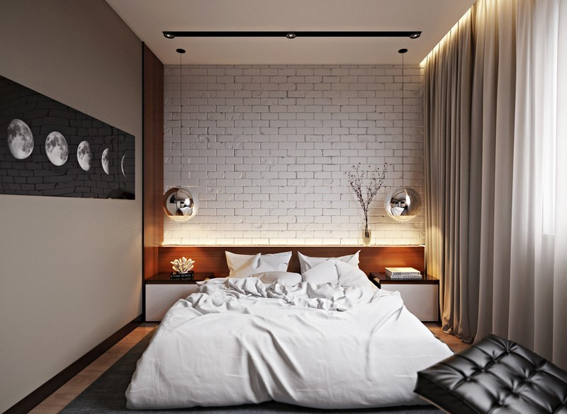 Kompakt bir yatak odası iç tuğla duvar