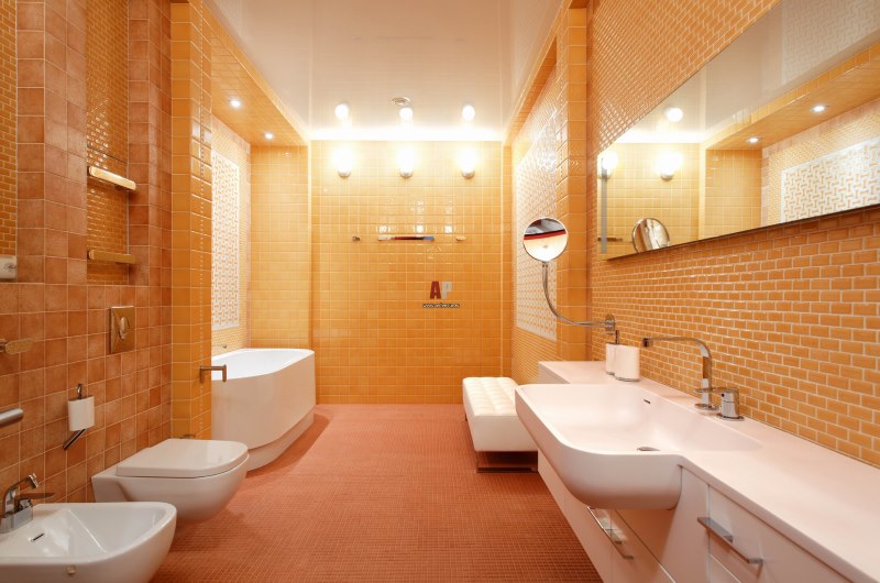 Salle de bain allongée avec toilettes orange