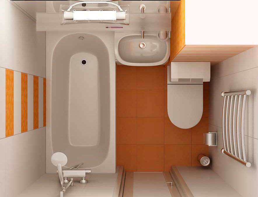Küçük bir odada banyo ve tuvaletin kompakt yerleşimi