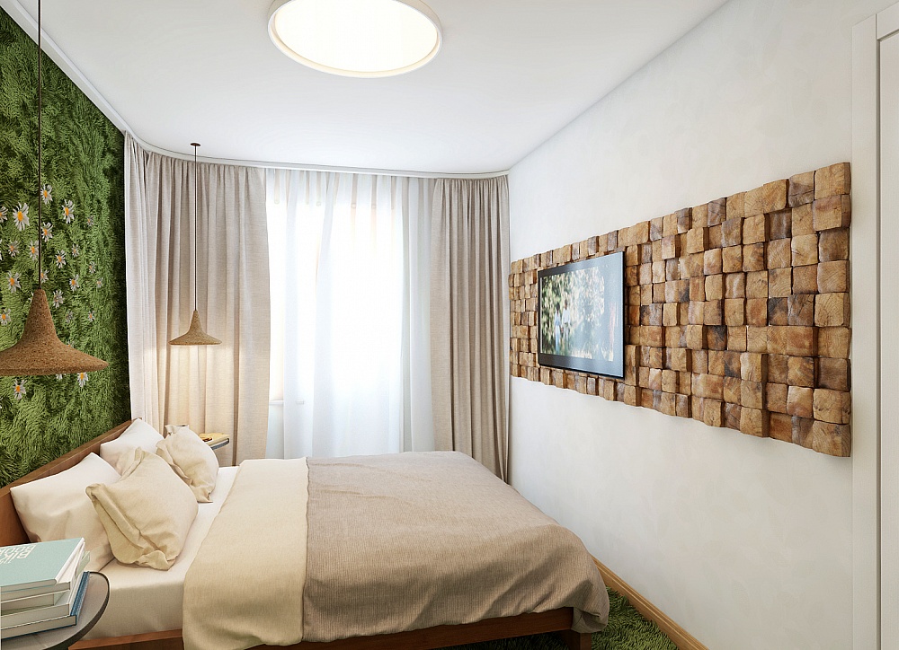Eko tarzı yatak odasında dekoratif mantar panel