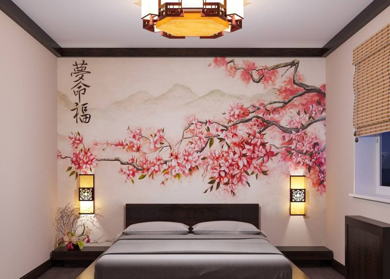 Sakura Japon yatak odasında duvar resmi