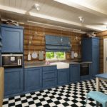 Meubles bleu marine et rideaux de cuisine à carreaux bleus avec garniture en bois
