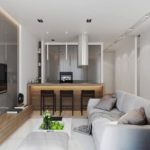 Uzun bir mutfak-oturma odası tasarımı