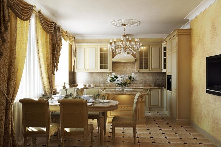 Madingi užuolaidos virtuvės interjere klasikos stiliaus