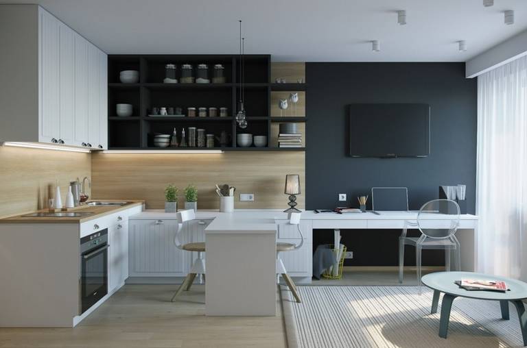 Mutfak oturma odasını renk kullanarak imar etmeye bir örnek