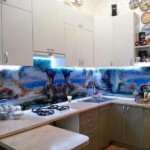 Szklany fartuch z nadrukiem fotograficznym w narożnej kuchni
