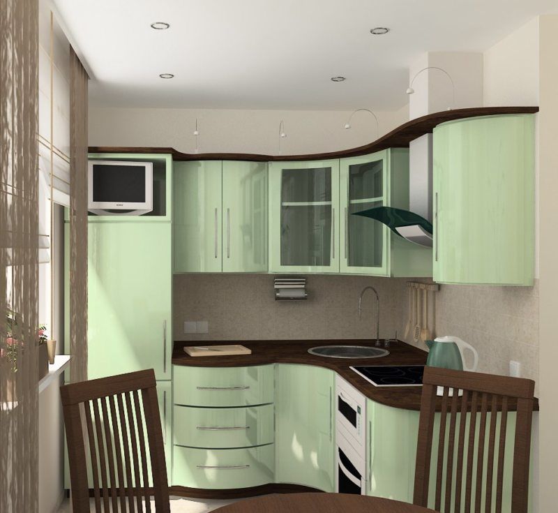 Kompakts zaļās krāsas toņu komplekts Hruščova virtuvē