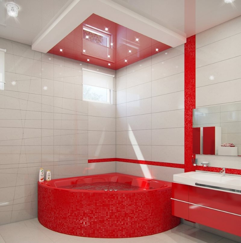 Modern bir banyoda kırmızı akrilik küvet