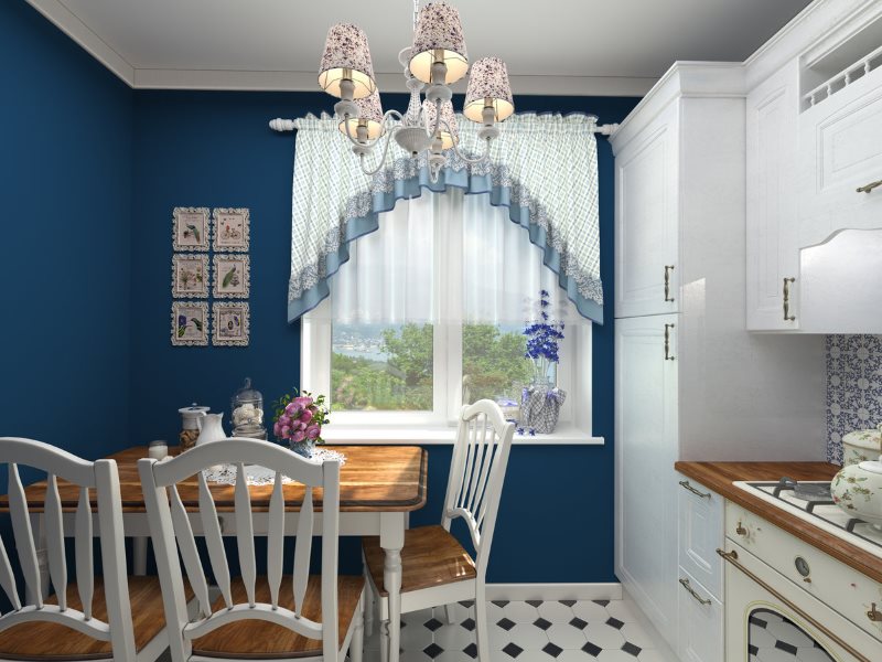 Provence tarzı mutfak tasarımı mavi duvarlı.