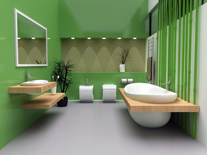 Özel bir evin banyosunda parlak yeşil duvarlar