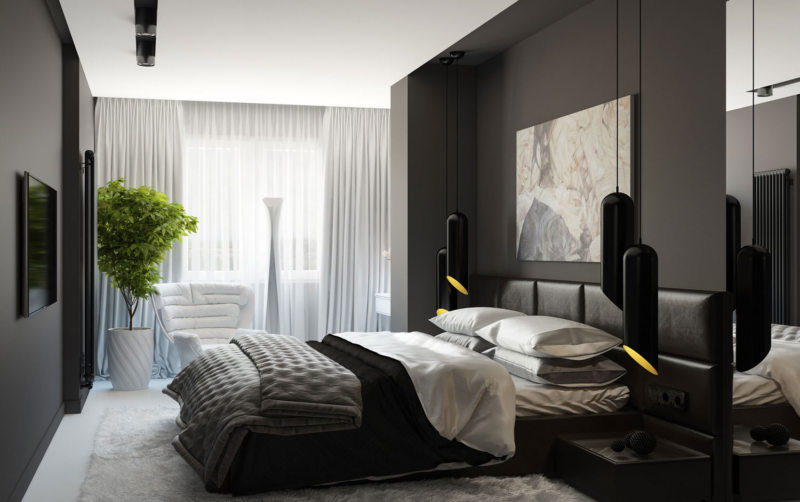 siyah ve beyaz yatak odası tasarım fotoğraf