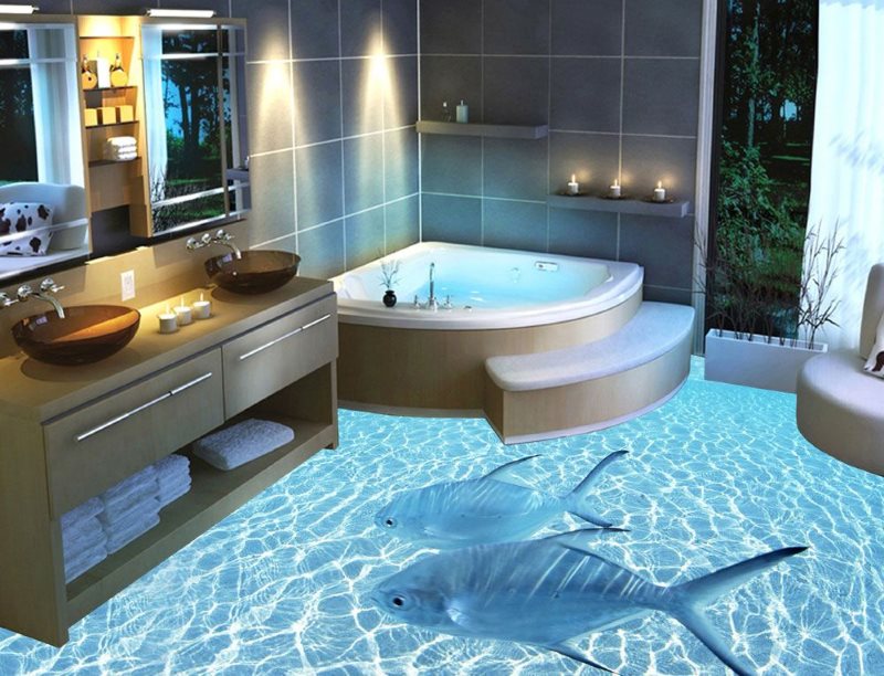 Plašas vannas istabas ar beztaras grīdu dizains
