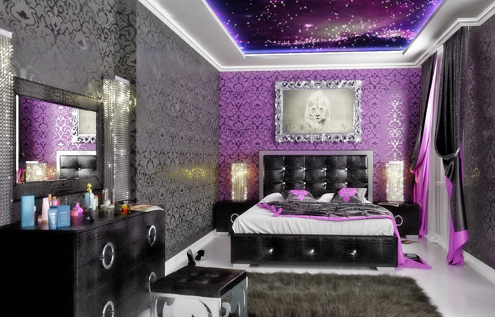 ภาพการออกแบบห้องนอนสีม่วง