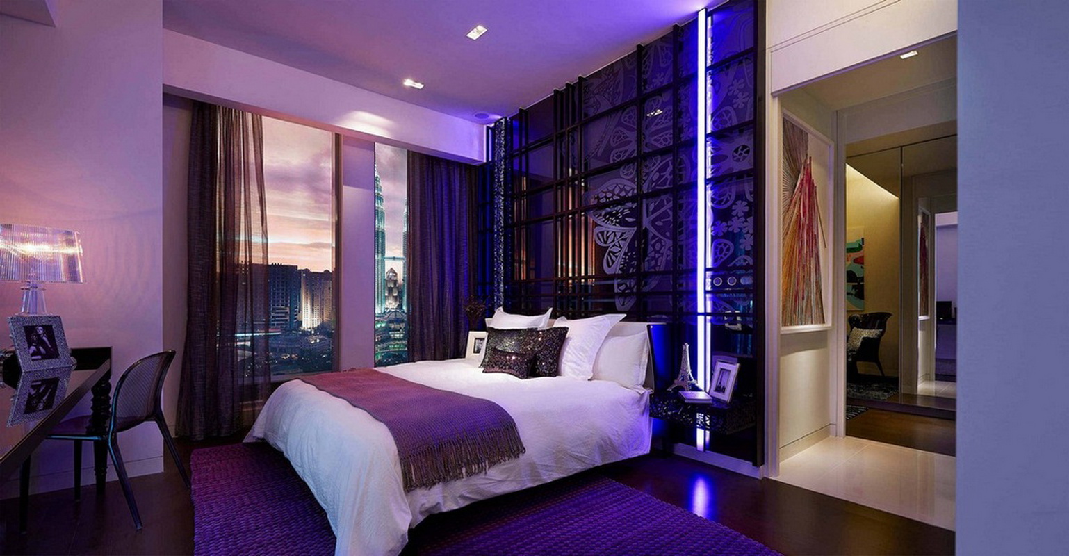 mor yatak odası tasarım fotoğraf