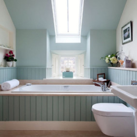 Tavan banyosunun açık mavi duvarları