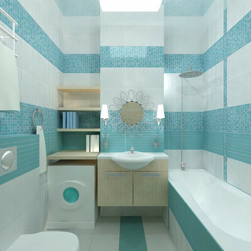 Small turquoise tiles on the wall of a compact bathroom