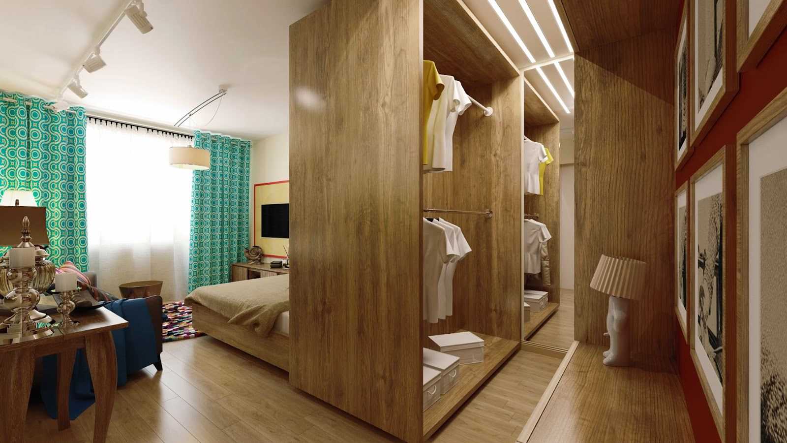 غرفة نوم وغرفة معيشة 18 متر مربع. مع غرفة خلع الملابس