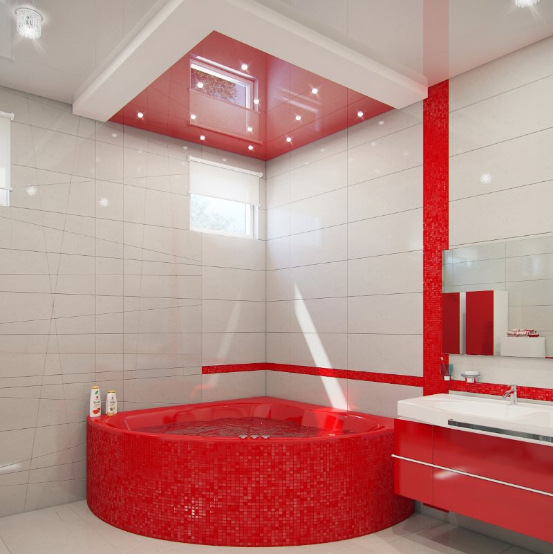 Mosaïque rouge dans la salle de bain avec carreaux blancs