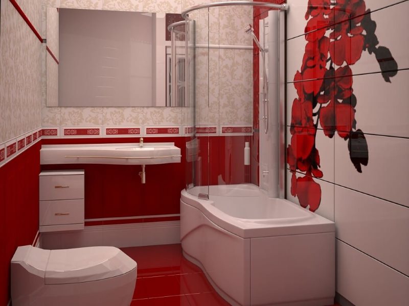 حمام صغير مع دش في الحمام مع أرضية حمراء