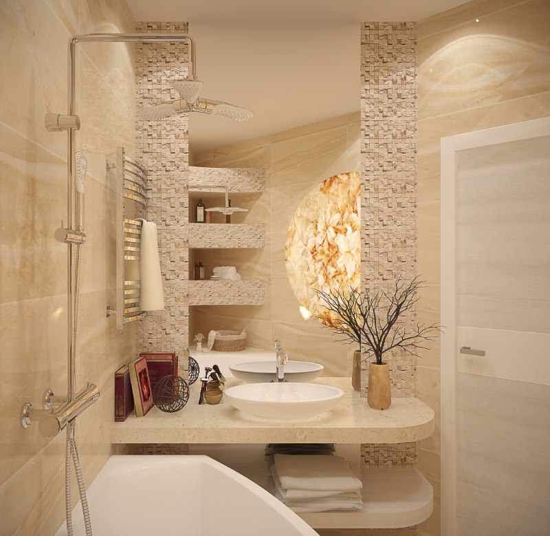 Finition de niches dans une salle de bain en mosaïque de pierre